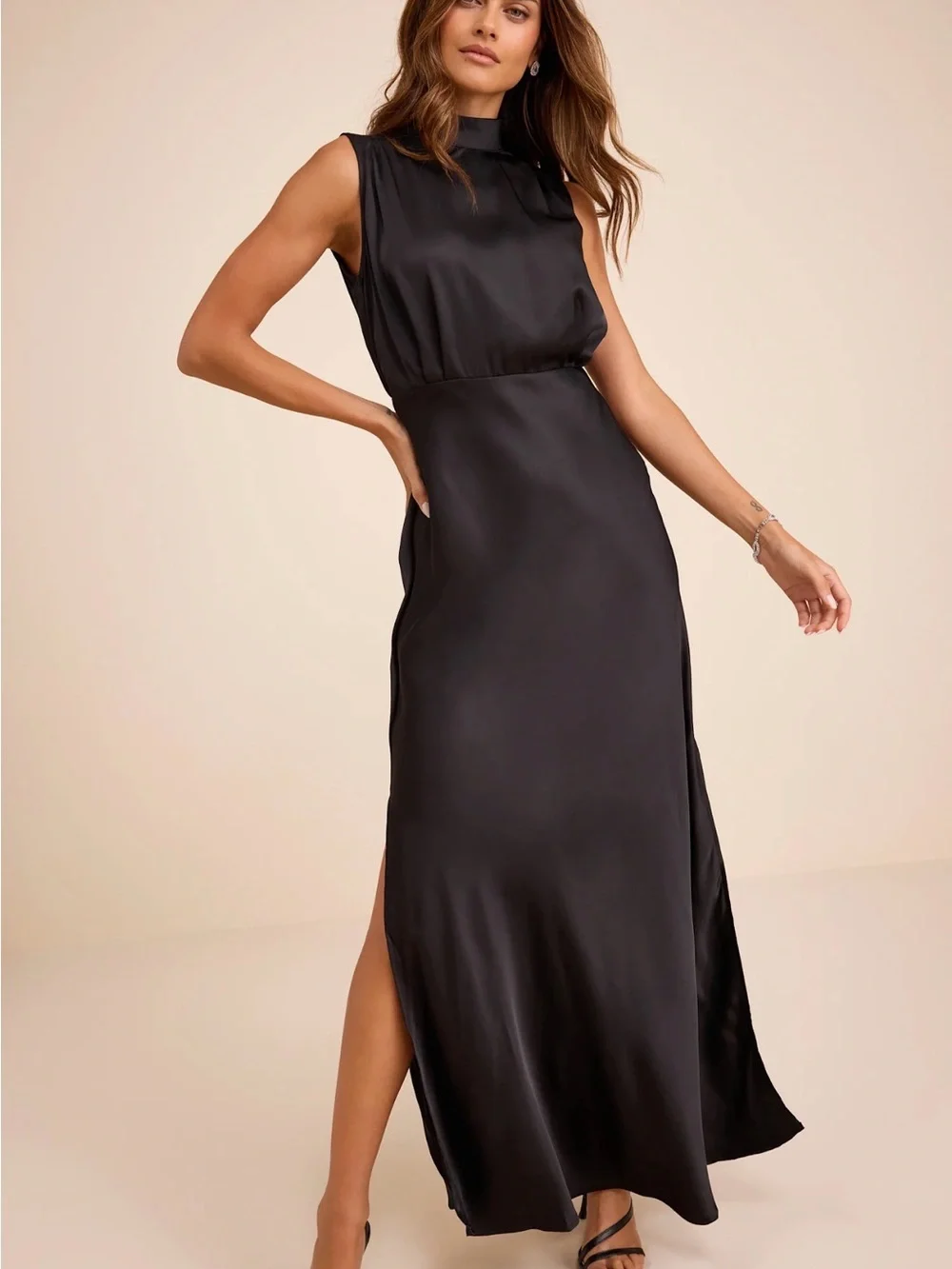 Lulus Ada Satin Maxi Dress Women Formal Minimalist Preppy Large Black - Picture 2 of 13